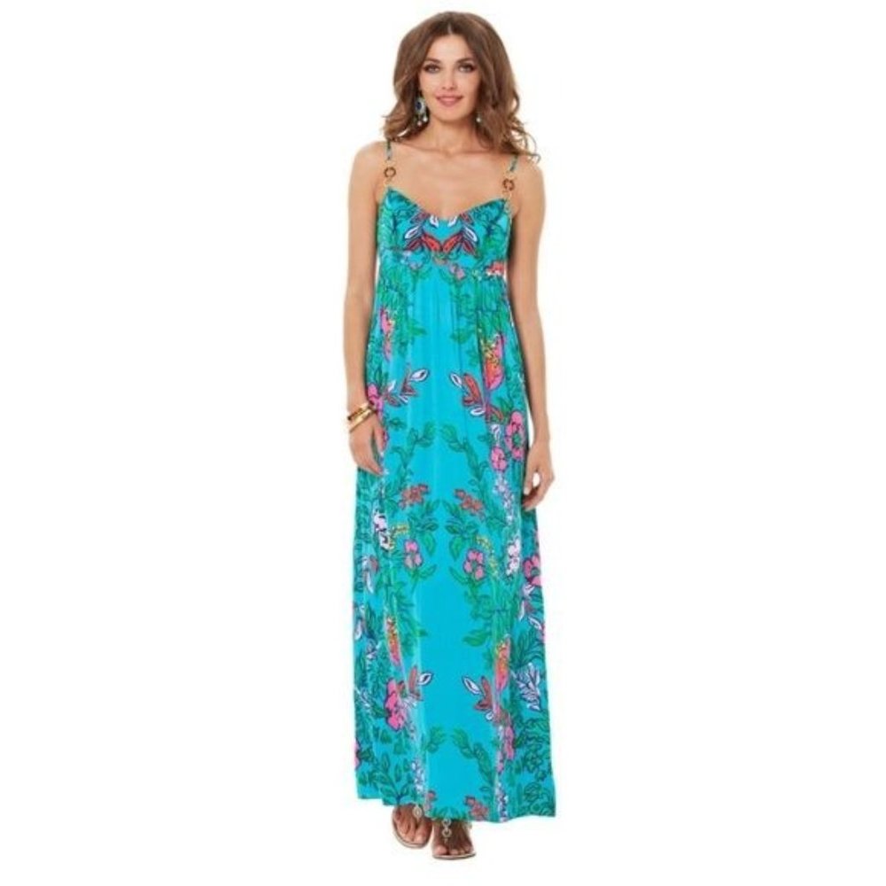Lilly Pulitzer Women's Floral Parrot Strappy Empire Waist Maxi Dress Size 2